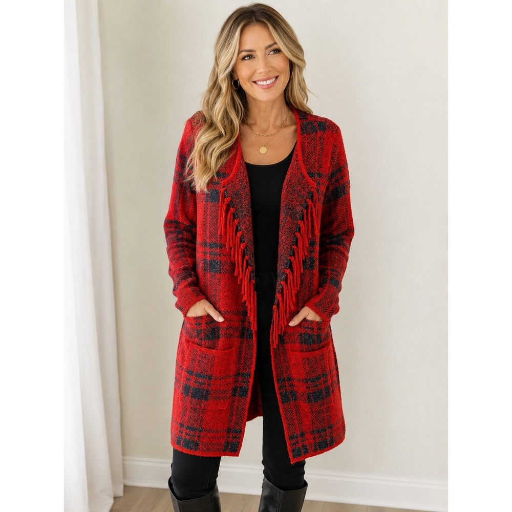Adrienne Vittadini Womens Red Black Plaid Fringe Open Front Cardigan XL VS63473